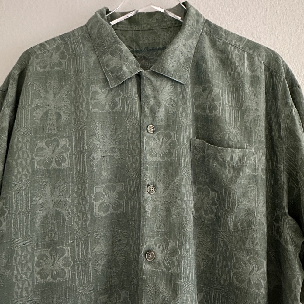 Tommy Bahama Silk Camp Shirt Mens XL Green Tropical Palm Hibiscus Jacquard